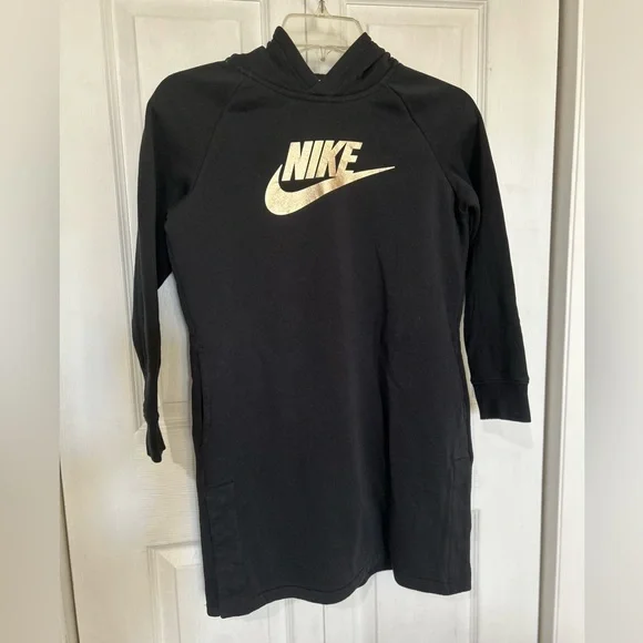 Nike | Dresses | Nike Girls Black Hoodie Slip On Dress With Gold Logo Size  M | Poshmark